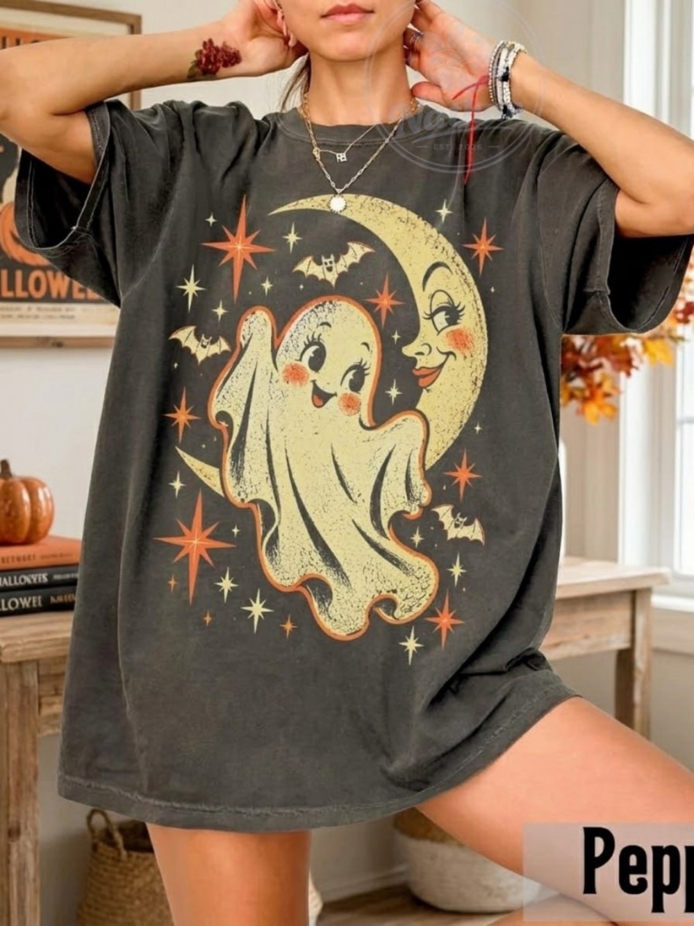 Comfort Colors Pepper Short Sleeve Tee with Cream Ghost & Orange Star Graphic